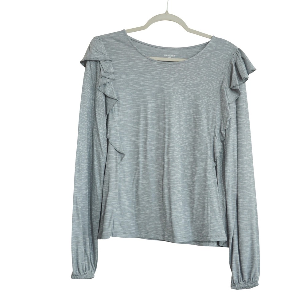 Garnet Hill Size Medium Blue‎ Grey Space Dye Ruffle Long Sleeve Top Shirt Casual